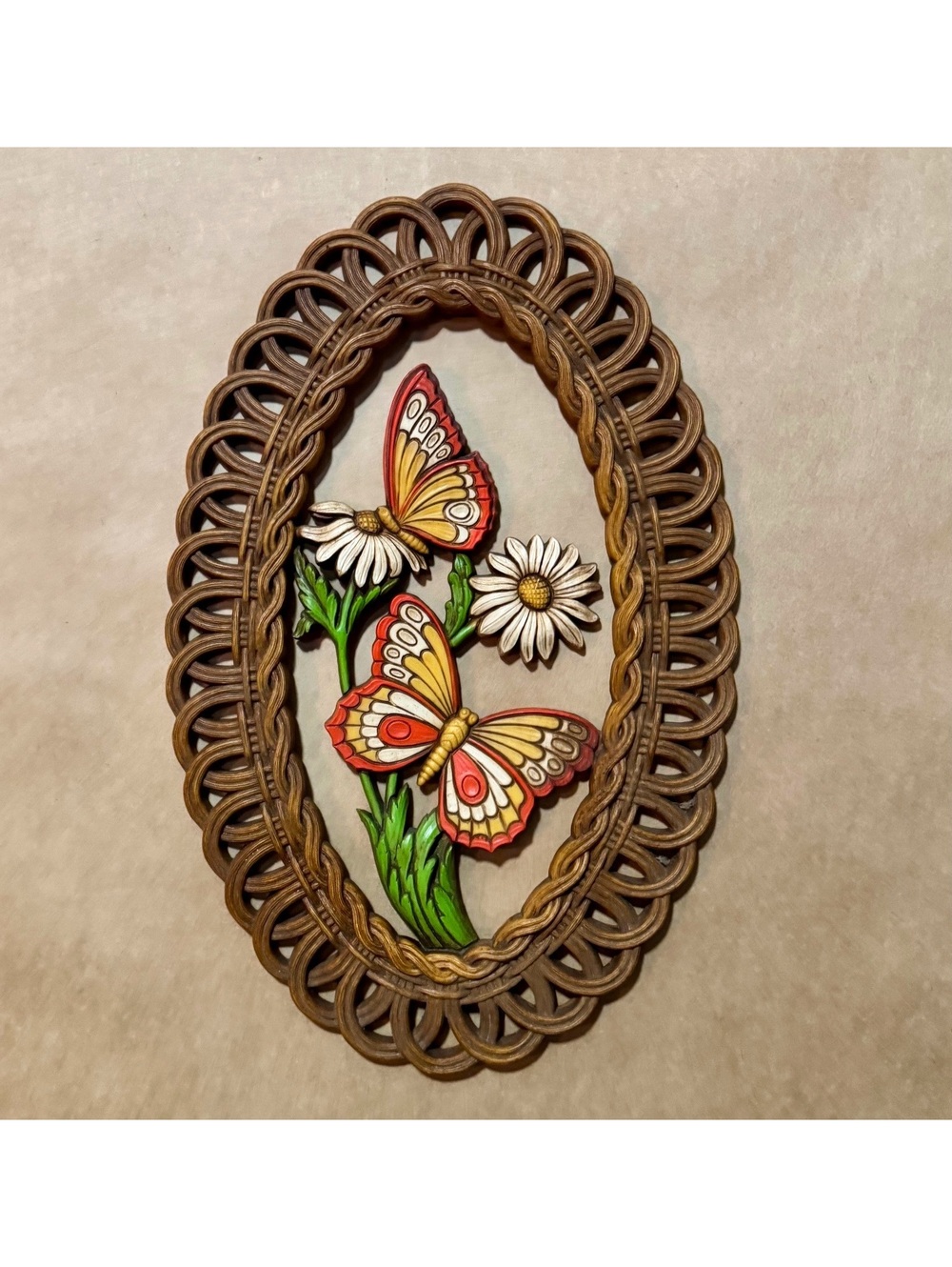 Vintage 1978 Coppercraft Guild Butterfly Daisy Wall Hanging Wicker Look 15”